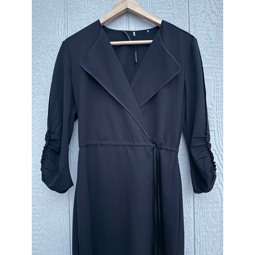 new ELIE TAHARI black silk stretch ruched sleeve faux wrap Tera cocktail dress - Picture 3 of 10